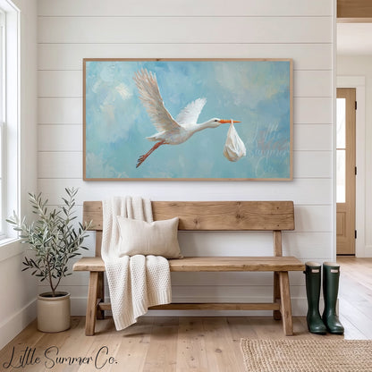 Stork Carrying Baby Frame TV Art displayed on a TV