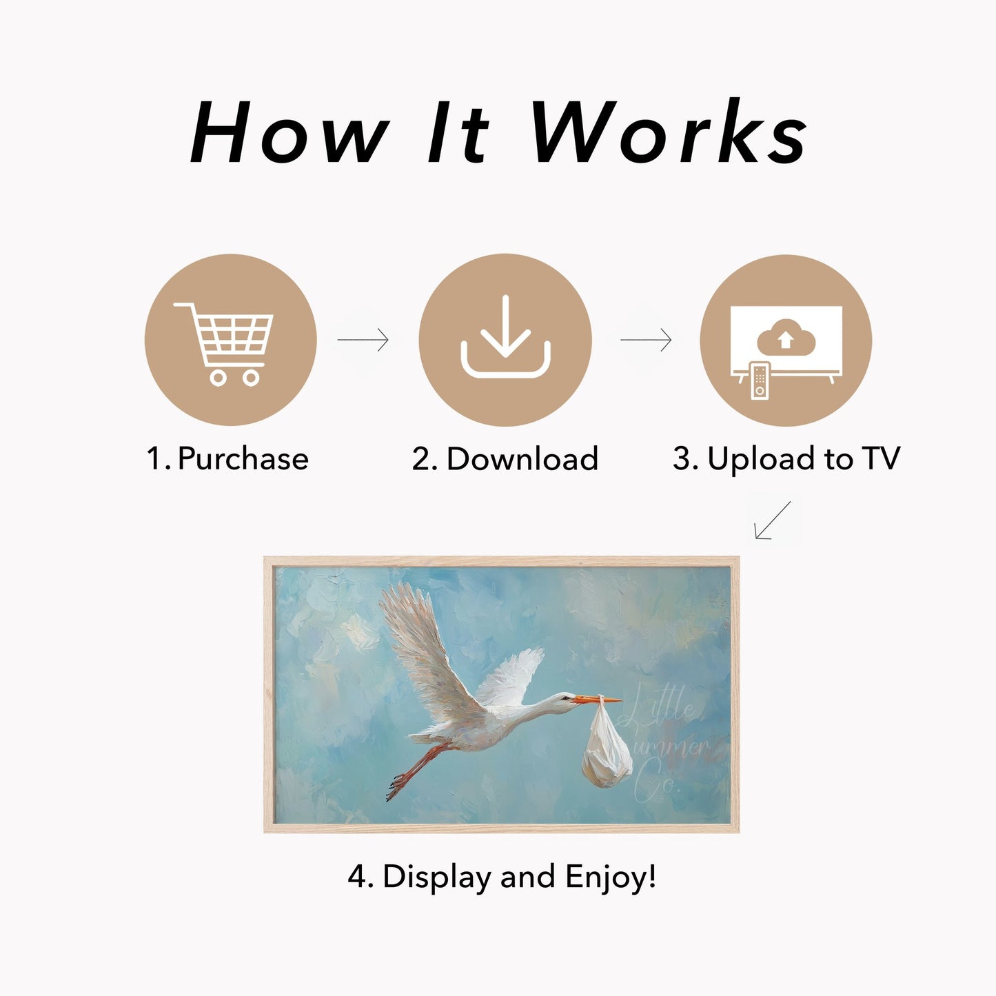 Stork Carrying Baby Frame TV Art displayed on a TV