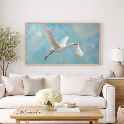 Stork Carrying Baby Frame TV Art displayed on a TV