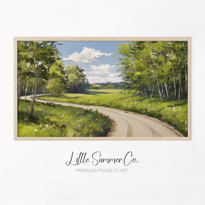 Country Road Through Green Trees Frame TV Art displayed on a TV