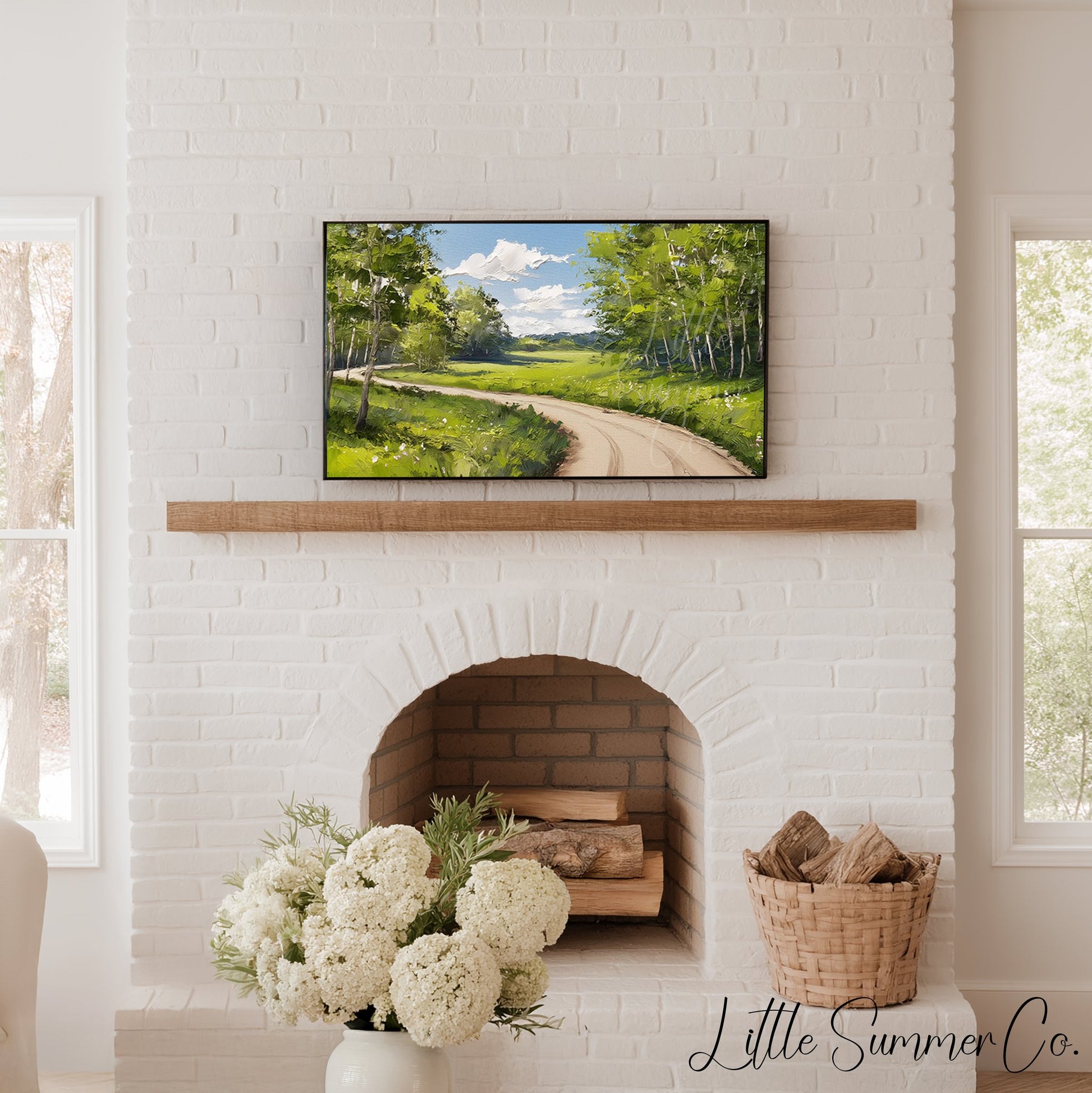 Country Road Through Green Trees Frame TV Art displayed on a TV