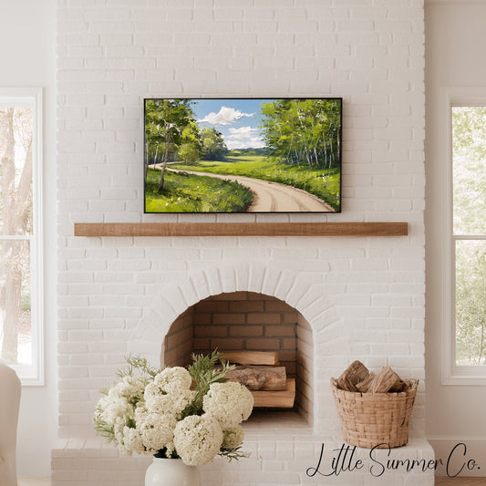 Country Road Through Green Trees Frame TV Art displayed on a TV