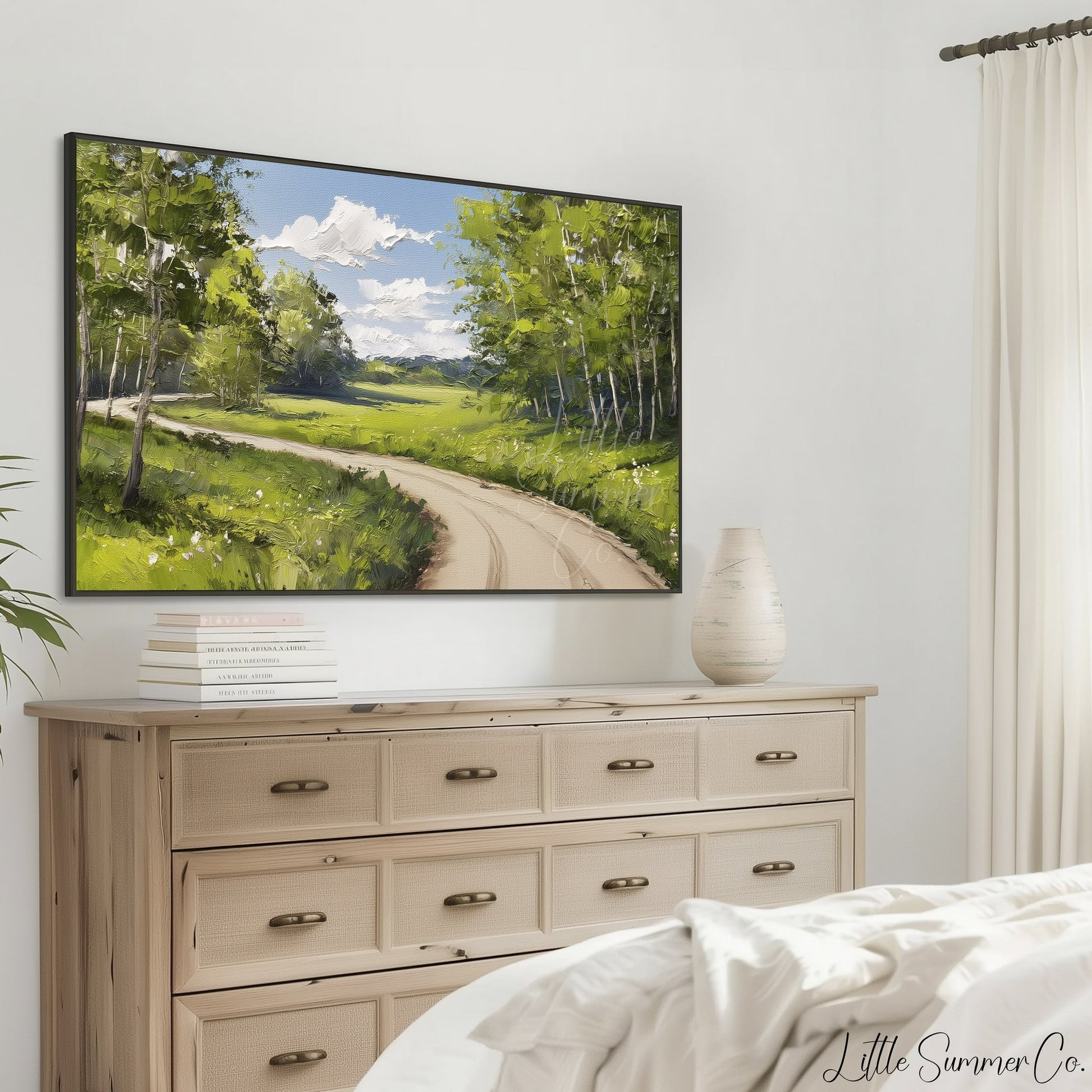 Country Road Through Green Trees Frame TV Art displayed on a TV