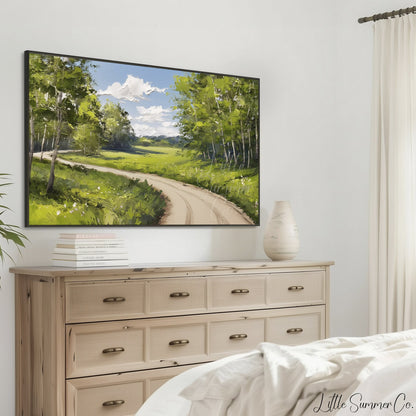 Country Road Through Green Trees Frame TV Art displayed on a TV
