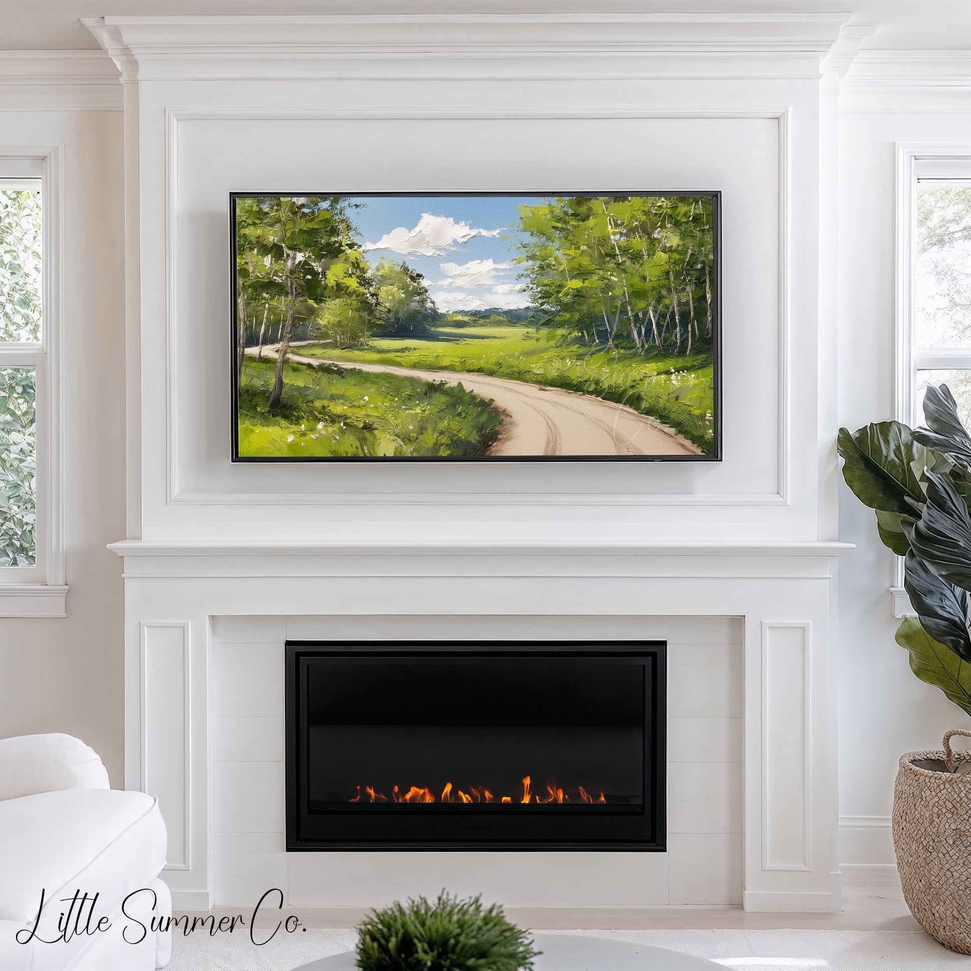 Country Road Through Green Trees Frame TV Art displayed on a TV