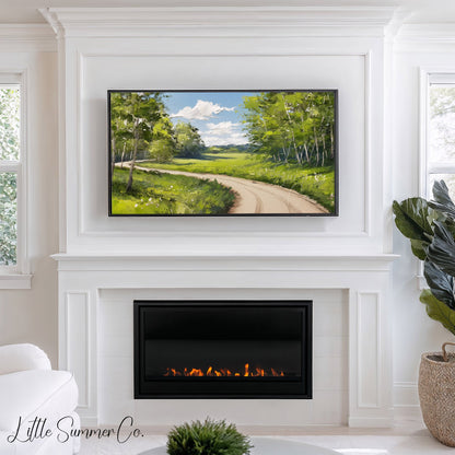 Country Road Through Green Trees Frame TV Art displayed on a TV
