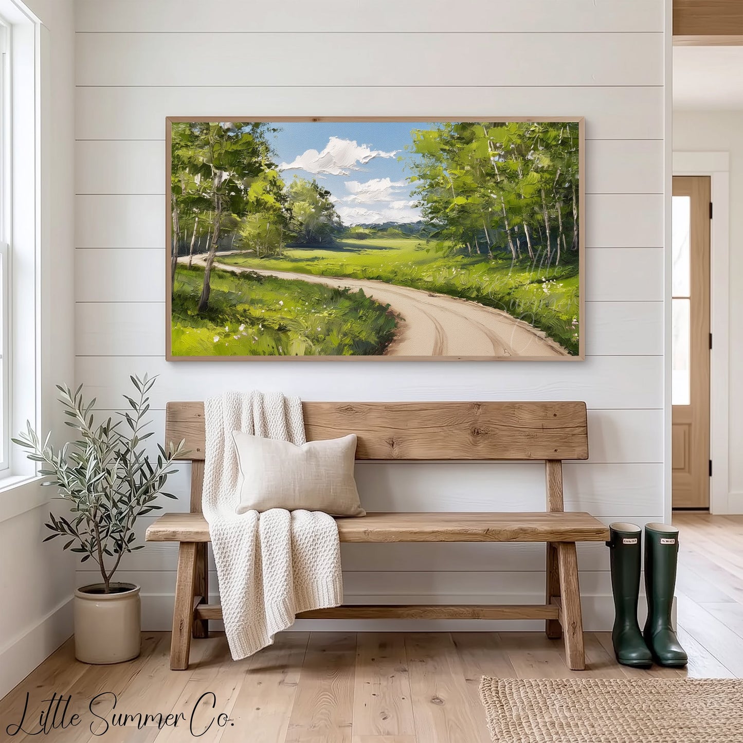 Country Road Through Green Trees Frame TV Art displayed on a TV