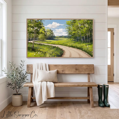 Country Road Through Green Trees Frame TV Art displayed on a TV