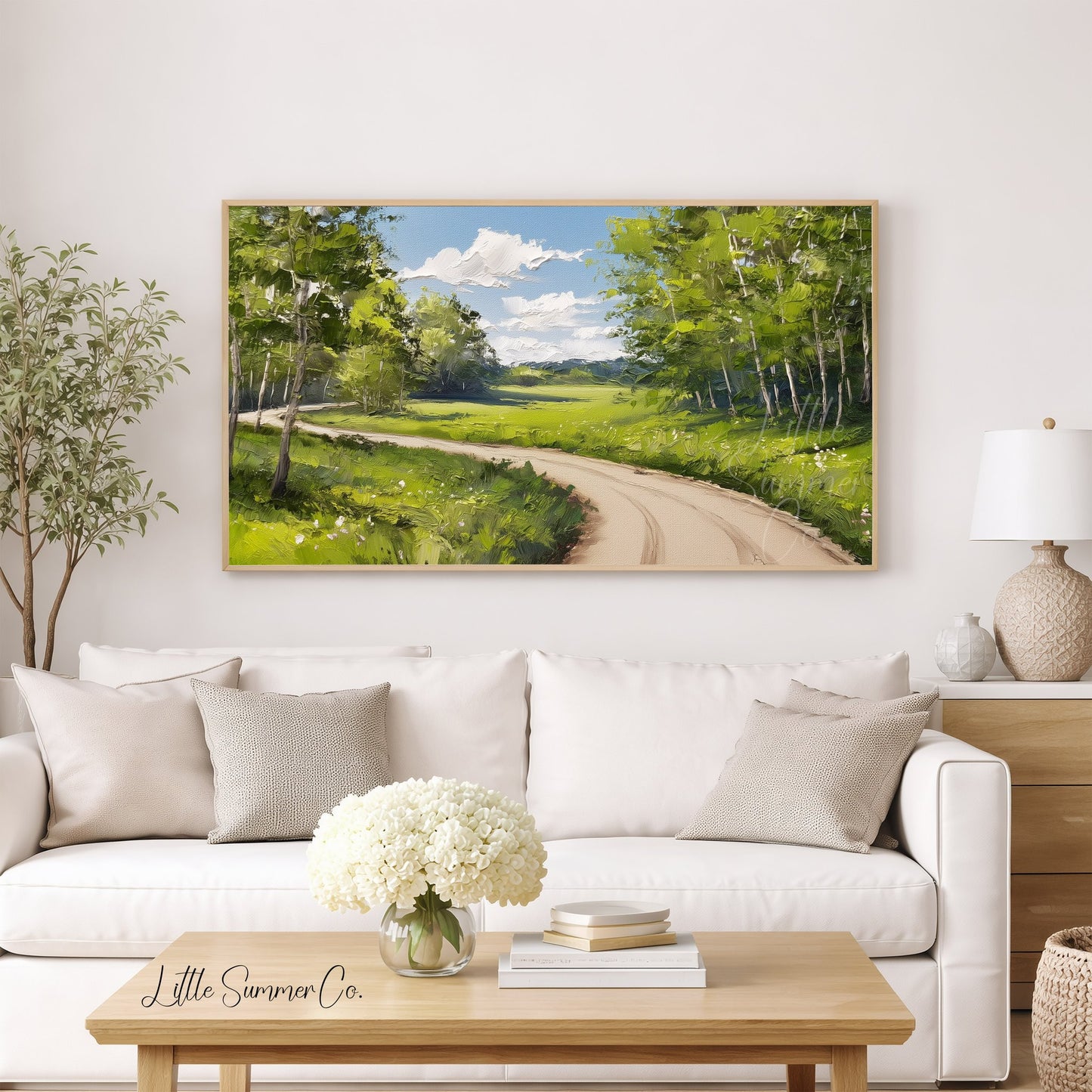 Country Road Through Green Trees Frame TV Art displayed on a TV