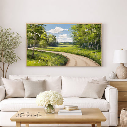Country Road Through Green Trees Frame TV Art displayed on a TV