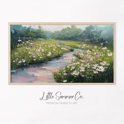 Wildflower Meadow with Stream Frame TV Art displayed on a TV