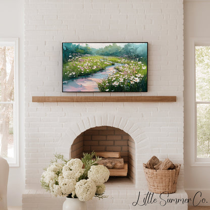 Wildflower Meadow with Stream Frame TV Art displayed on a TV