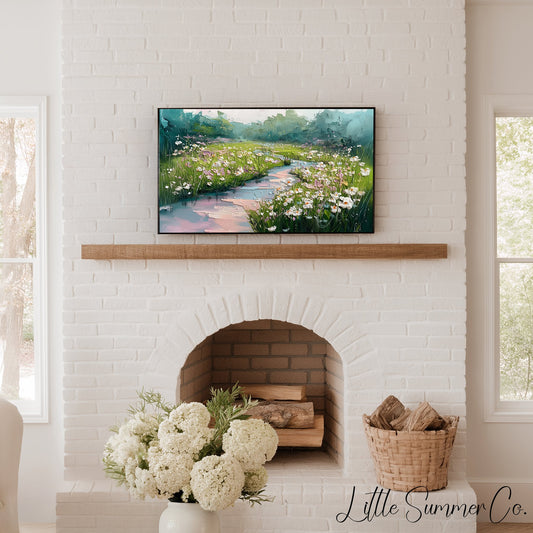 Wildflower Meadow with Stream Frame TV Art displayed on a TV