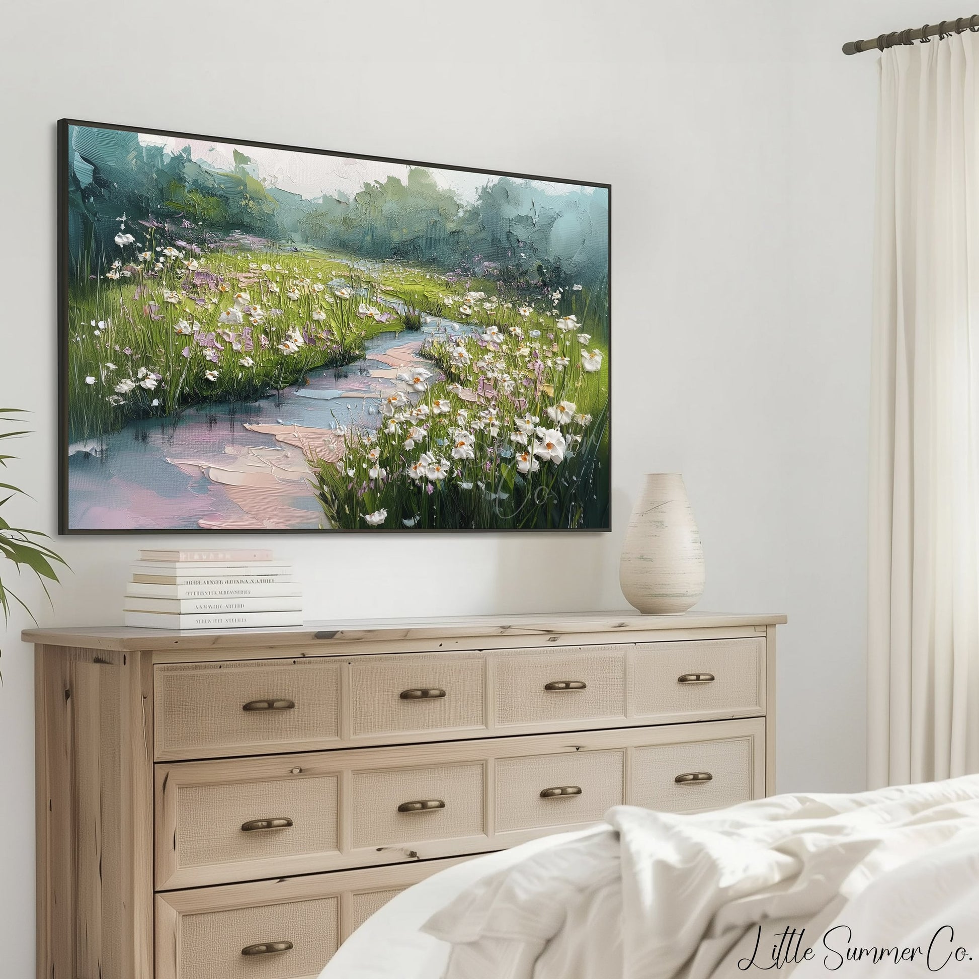Wildflower Meadow with Stream Frame TV Art displayed on a TV