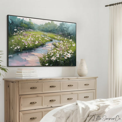 Wildflower Meadow with Stream Frame TV Art displayed on a TV