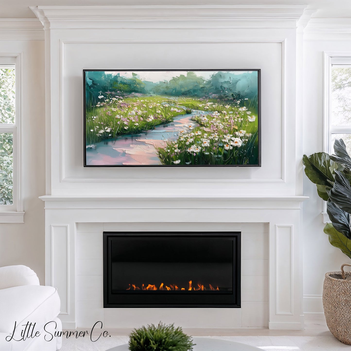 Wildflower Meadow with Stream Frame TV Art displayed on a TV