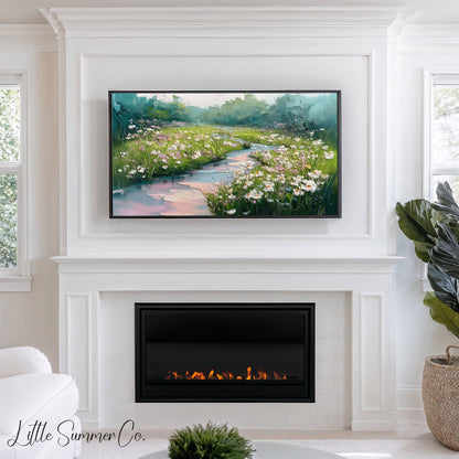 Wildflower Meadow with Stream Frame TV Art displayed on a TV
