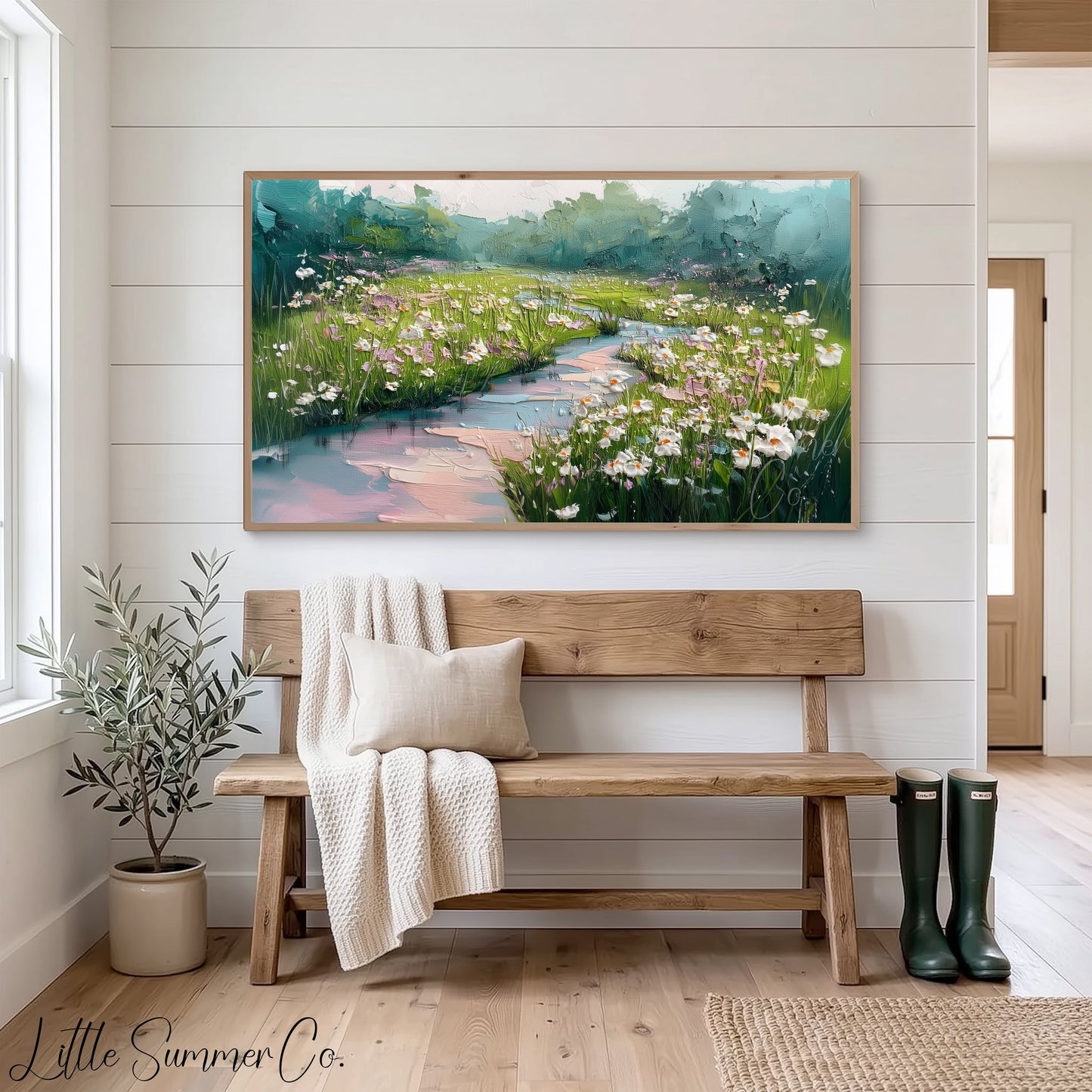Wildflower Meadow with Stream Frame TV Art displayed on a TV