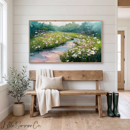 Wildflower Meadow with Stream Frame TV Art displayed on a TV
