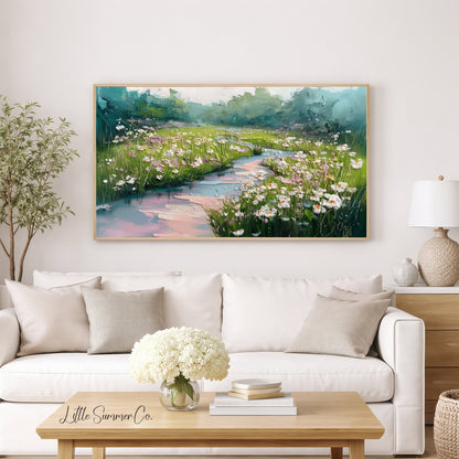 Wildflower Meadow with Stream Frame TV Art displayed on a TV