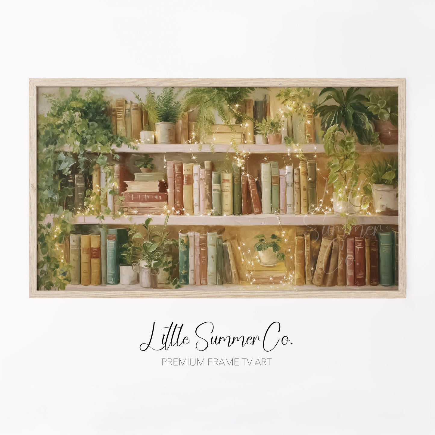 Sunlit Bookshelf with Fairy Lights Frame TV Art displayed on a TV
