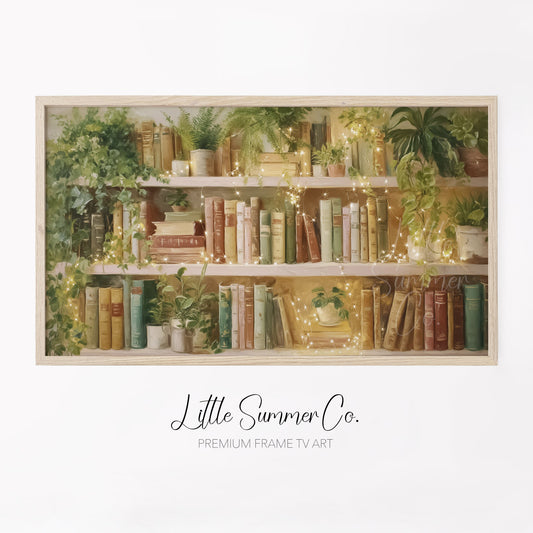 Sunlit Bookshelf with Fairy Lights Frame TV Art displayed on a TV