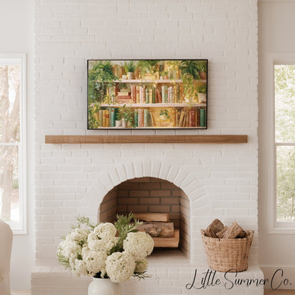 Sunlit Bookshelf with Fairy Lights Frame TV Art displayed on a TV