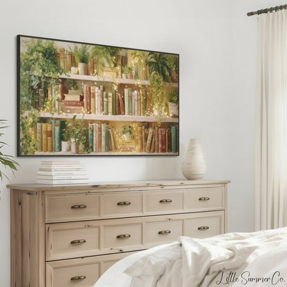 Sunlit Bookshelf with Fairy Lights Frame TV Art displayed on a TV