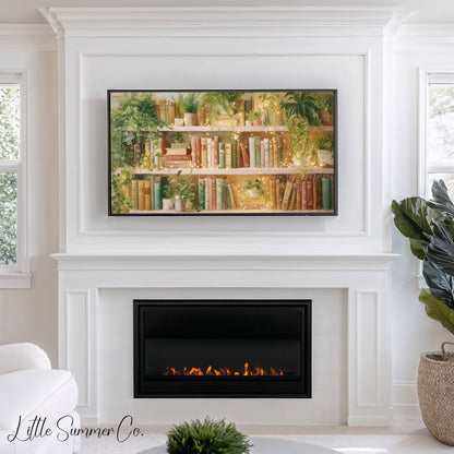 Sunlit Bookshelf with Fairy Lights Frame TV Art displayed on a TV