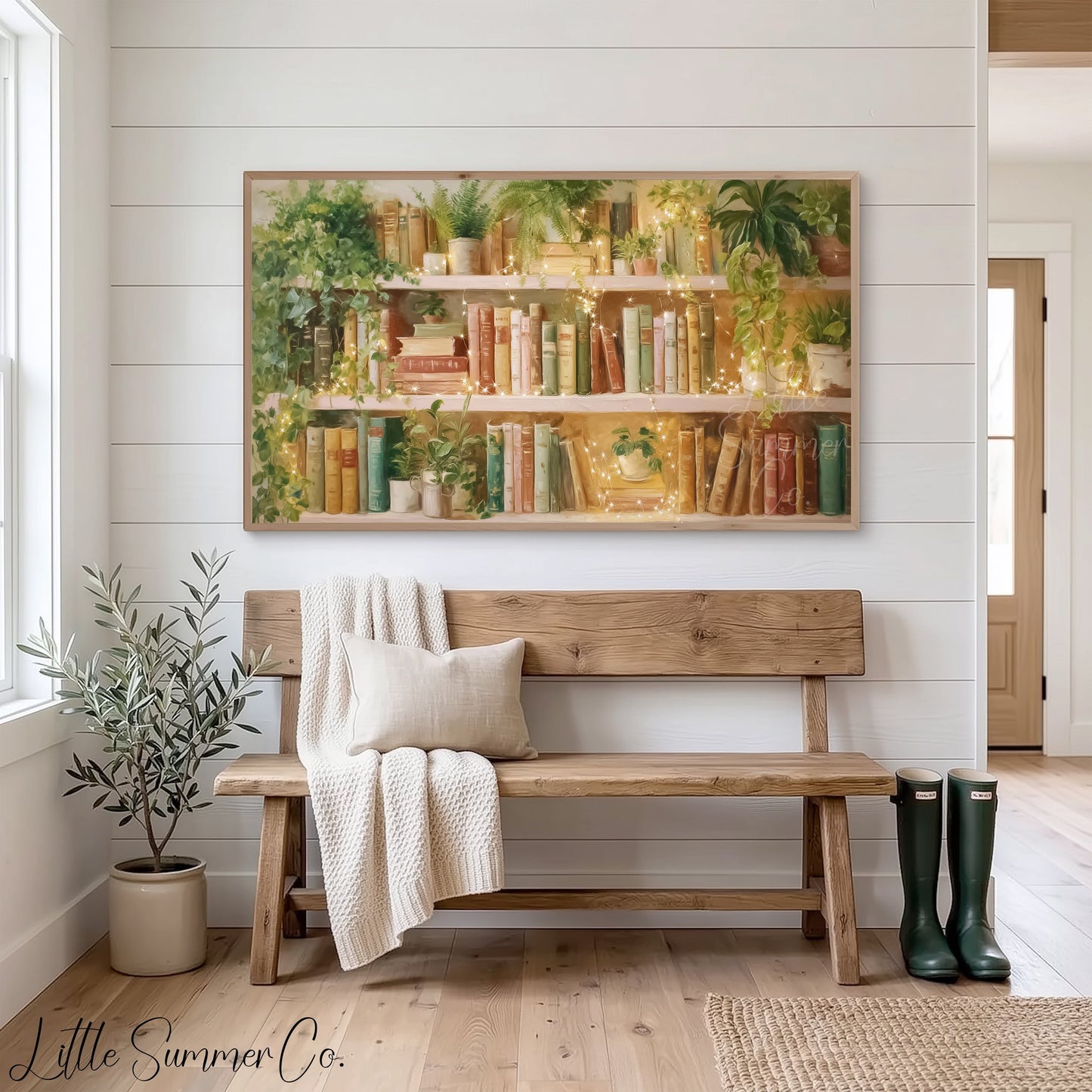 Sunlit Bookshelf with Fairy Lights Frame TV Art displayed on a TV