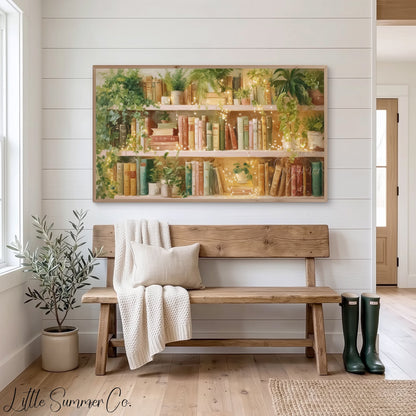 Sunlit Bookshelf with Fairy Lights Frame TV Art displayed on a TV