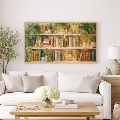 Sunlit Bookshelf with Fairy Lights Frame TV Art displayed on a TV