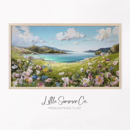 Coastal Wildflower Hills Frame TV Art displayed on a TV