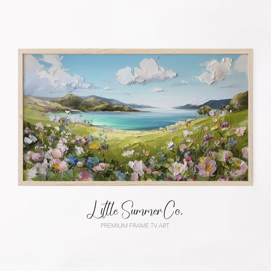 Coastal Wildflower Hills Frame TV Art displayed on a TV
