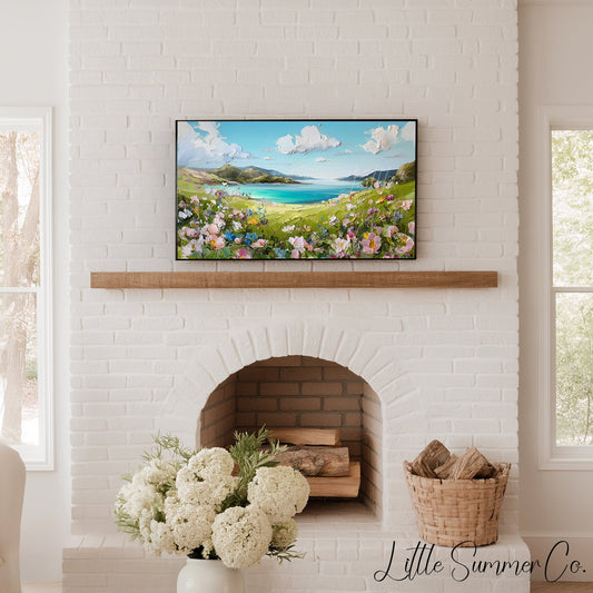 Coastal Wildflower Hills Frame TV Art displayed on a TV