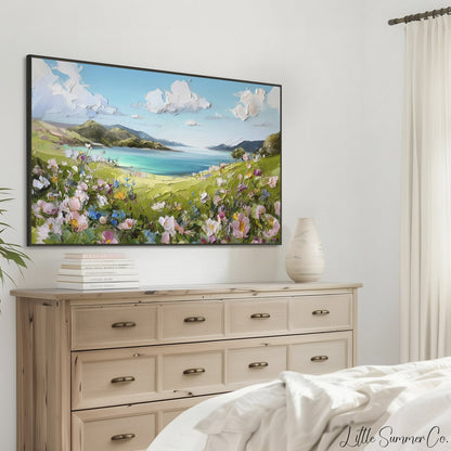 Coastal Wildflower Hills Frame TV Art displayed on a TV
