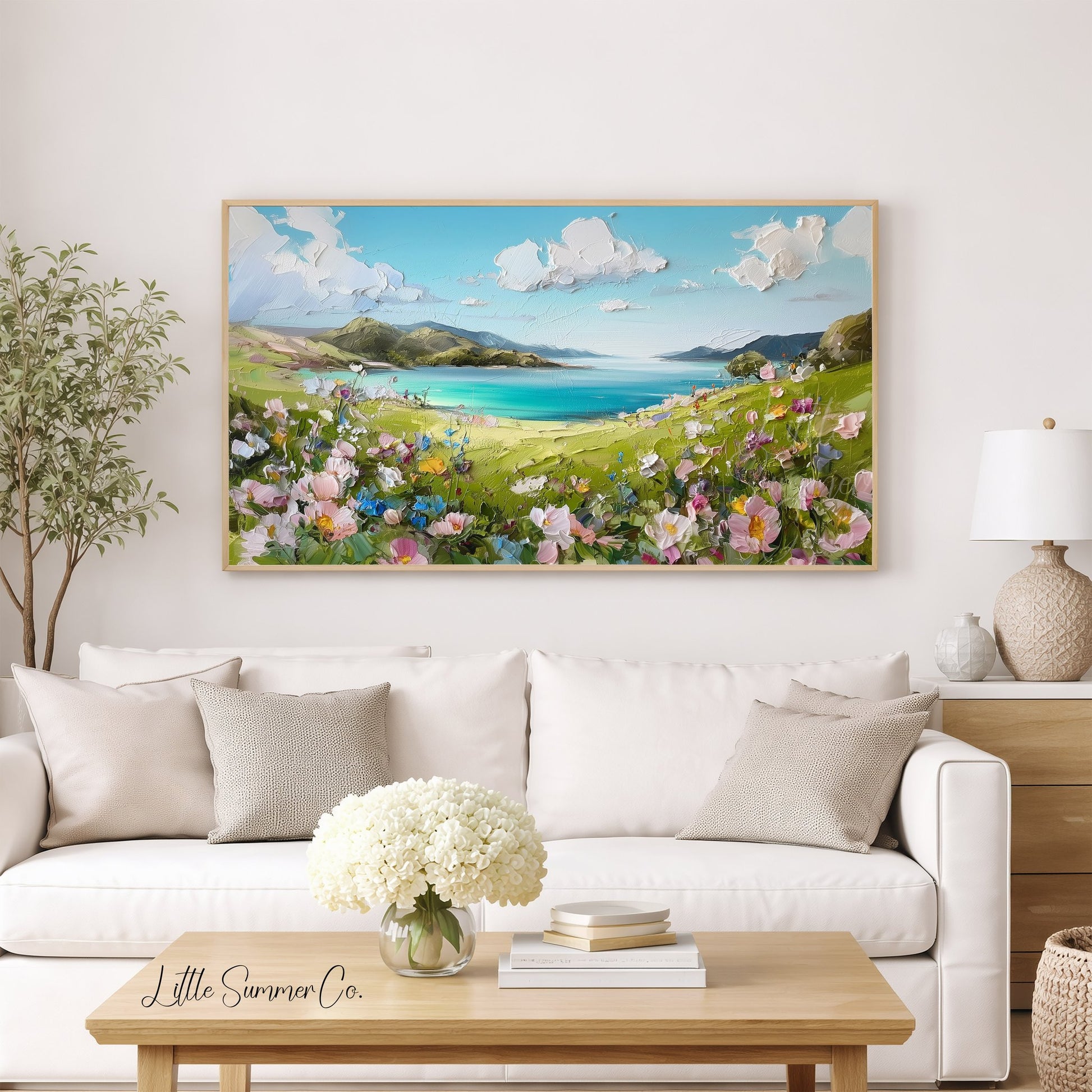 Coastal Wildflower Hills Frame TV Art displayed on a TV