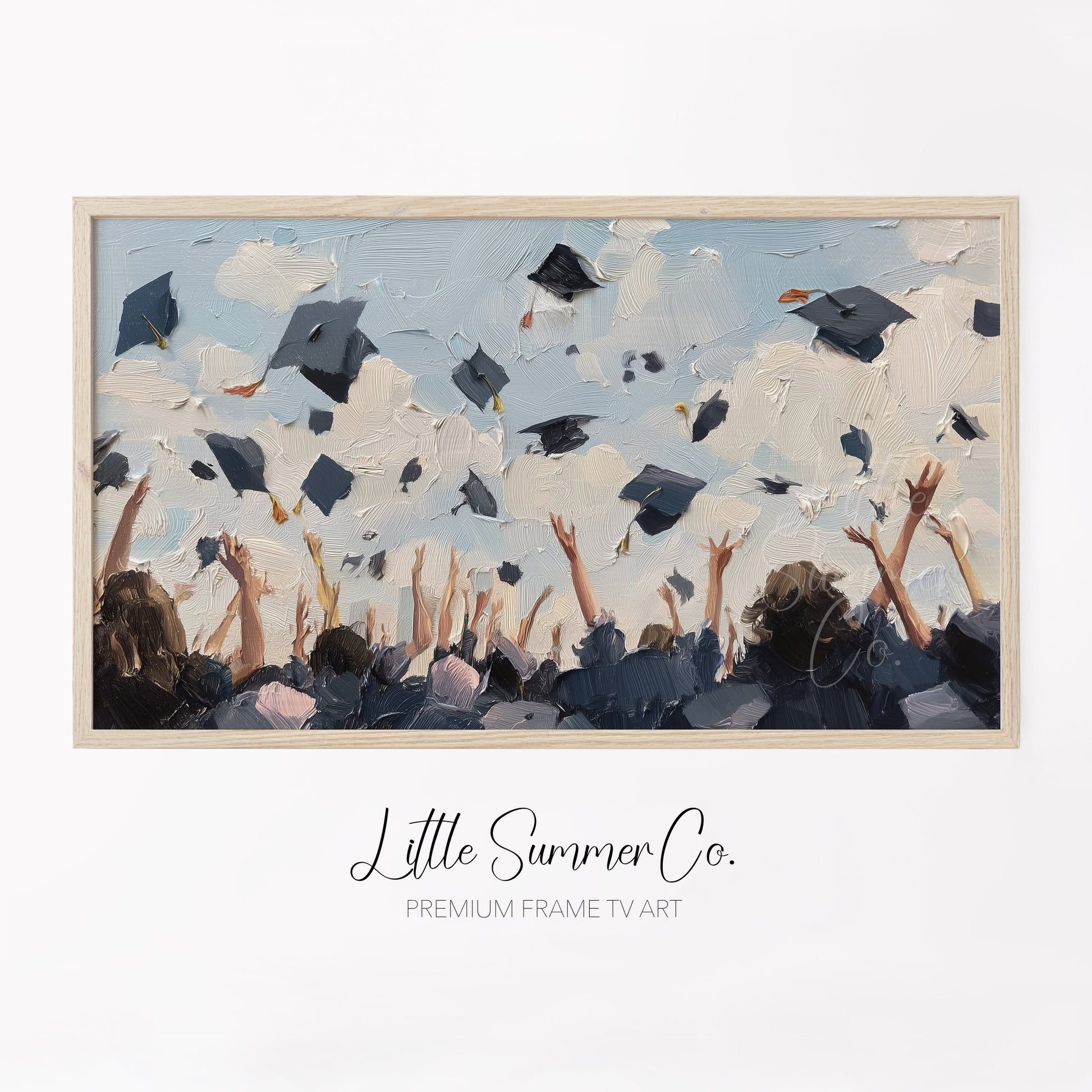 Graduation Caps in the Air Frame TV Art displayed on a TV