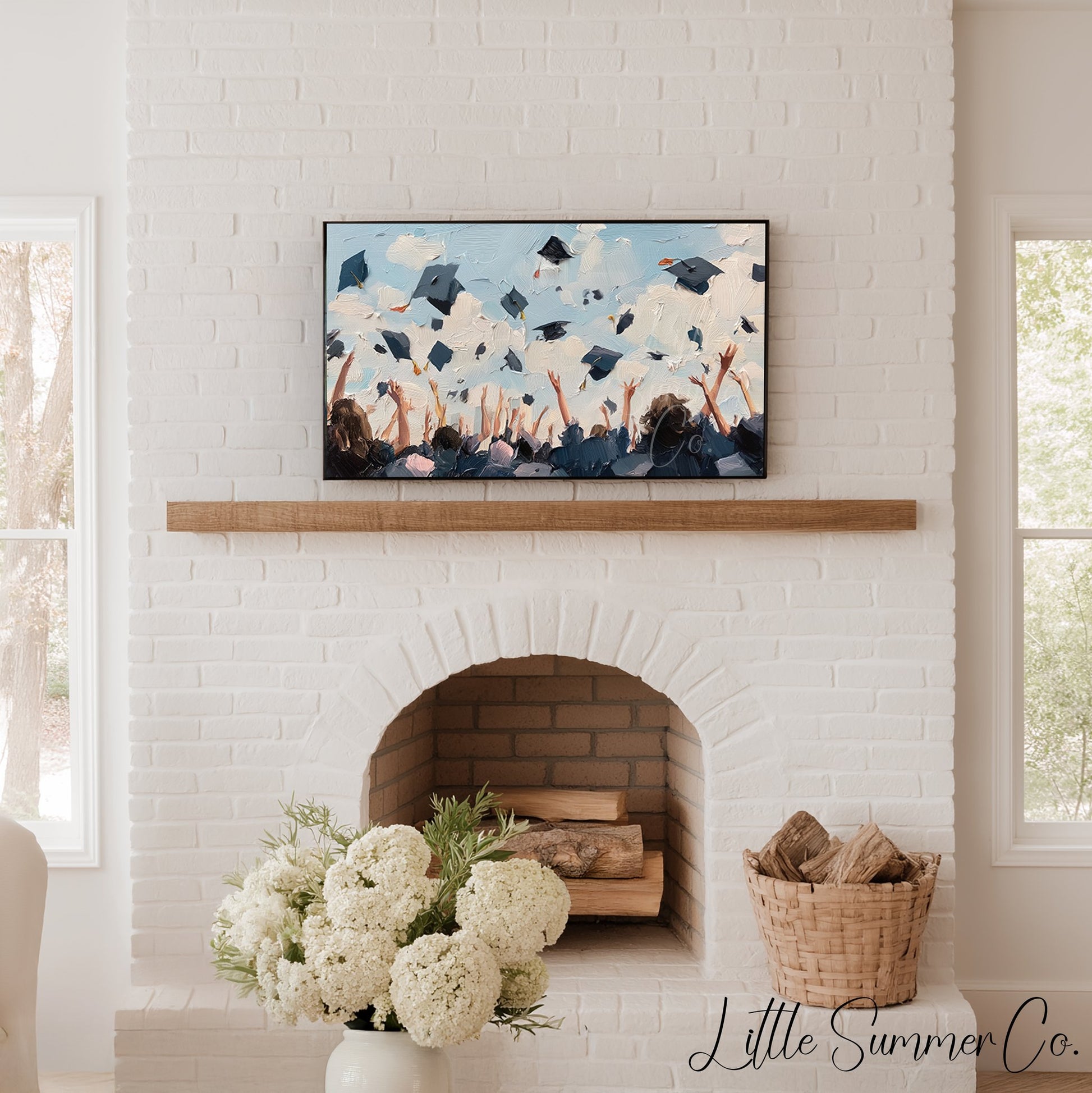 Graduation Caps in the Air Frame TV Art displayed on a TV
