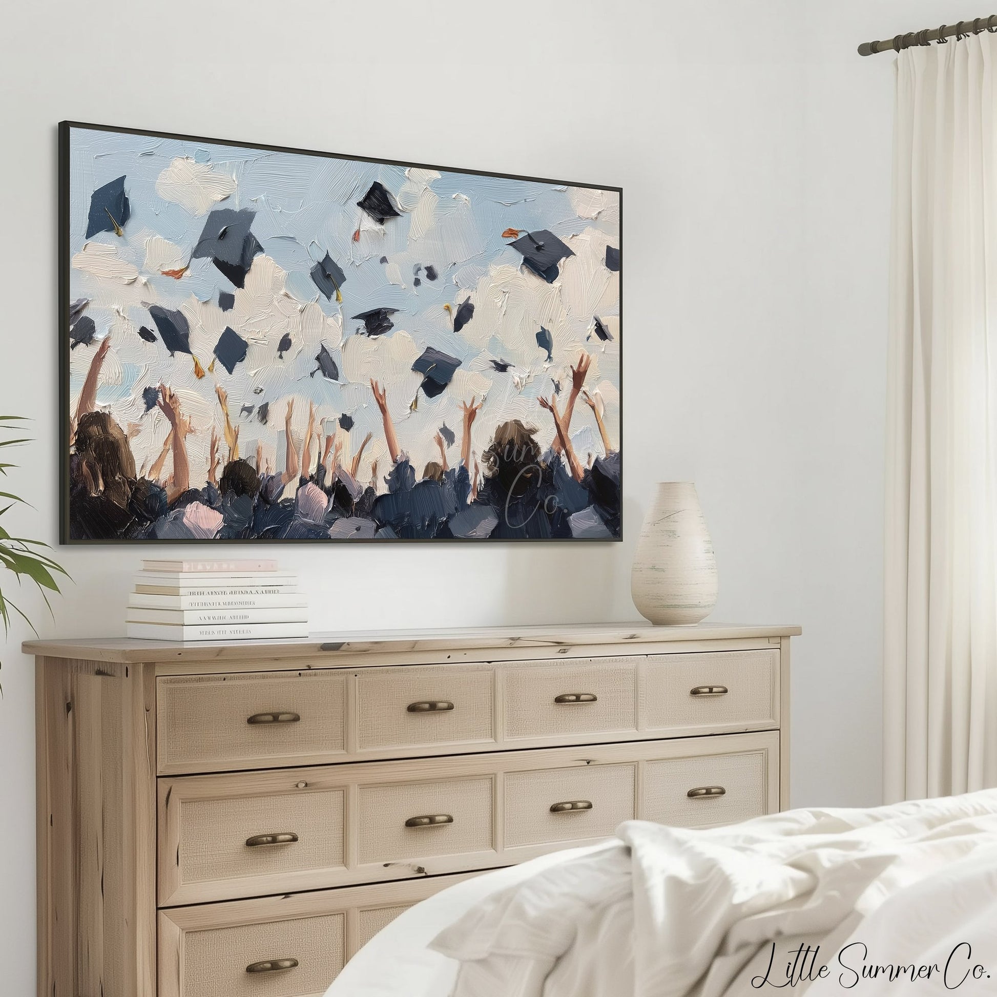 Graduation Caps in the Air Frame TV Art displayed on a TV