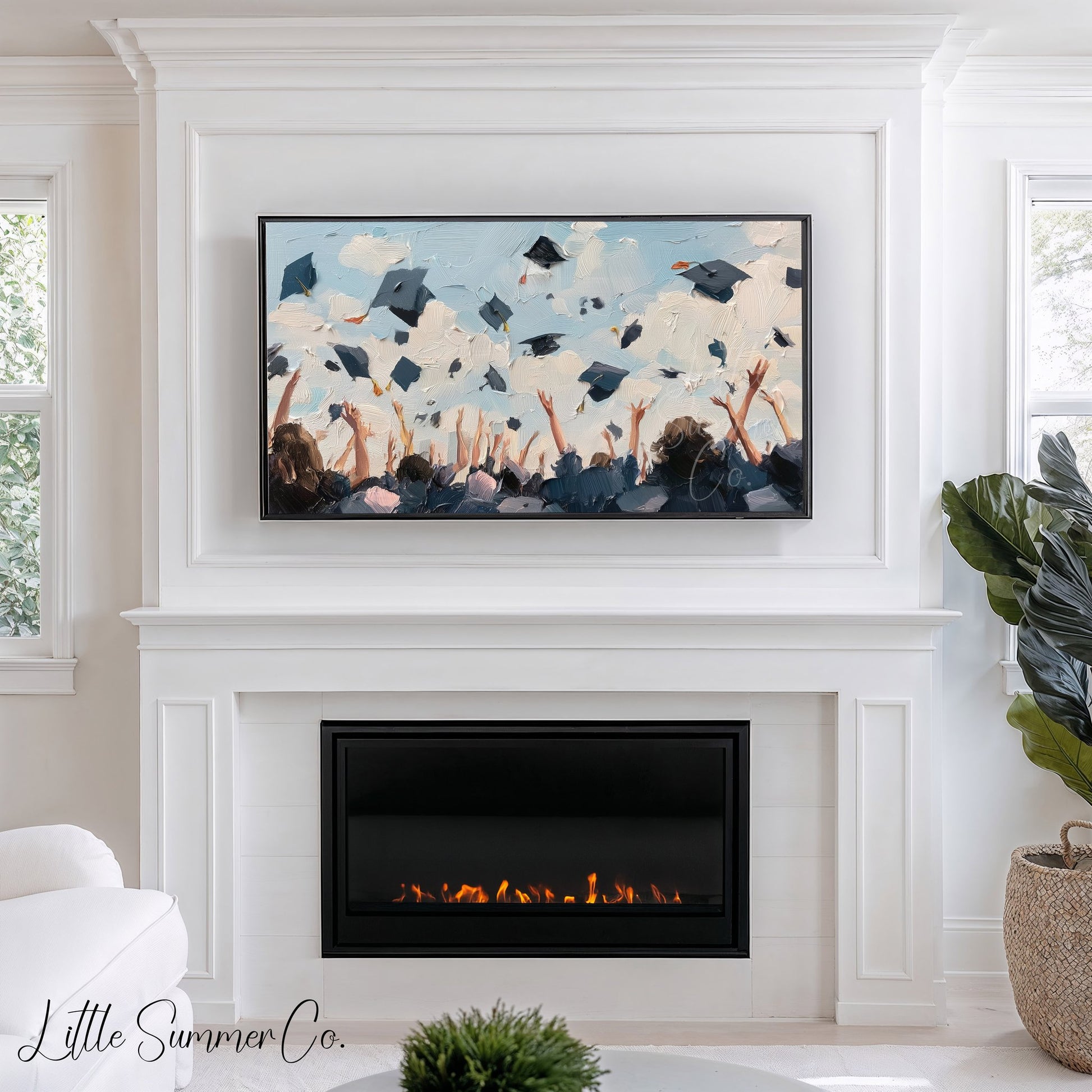 Graduation Caps in the Air Frame TV Art displayed on a TV