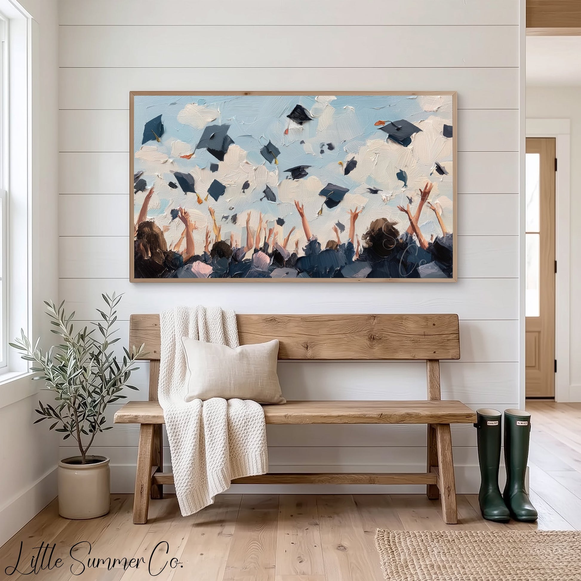 Graduation Caps in the Air Frame TV Art displayed on a TV