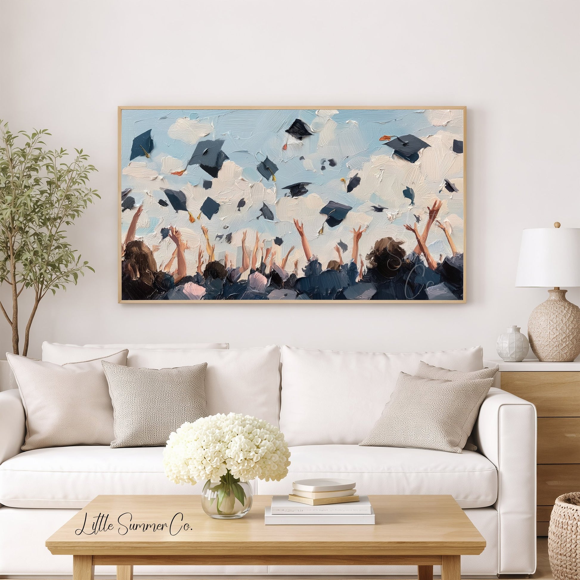 Graduation Caps in the Air Frame TV Art displayed on a TV