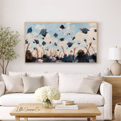 Graduation Caps in the Air Frame TV Art displayed on a TV