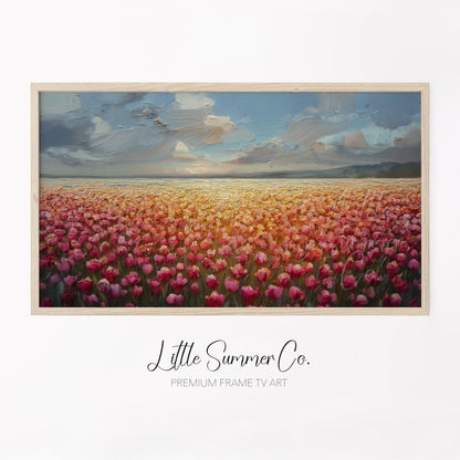 Tulip Field at Sunset Frame TV Art displayed on a TV