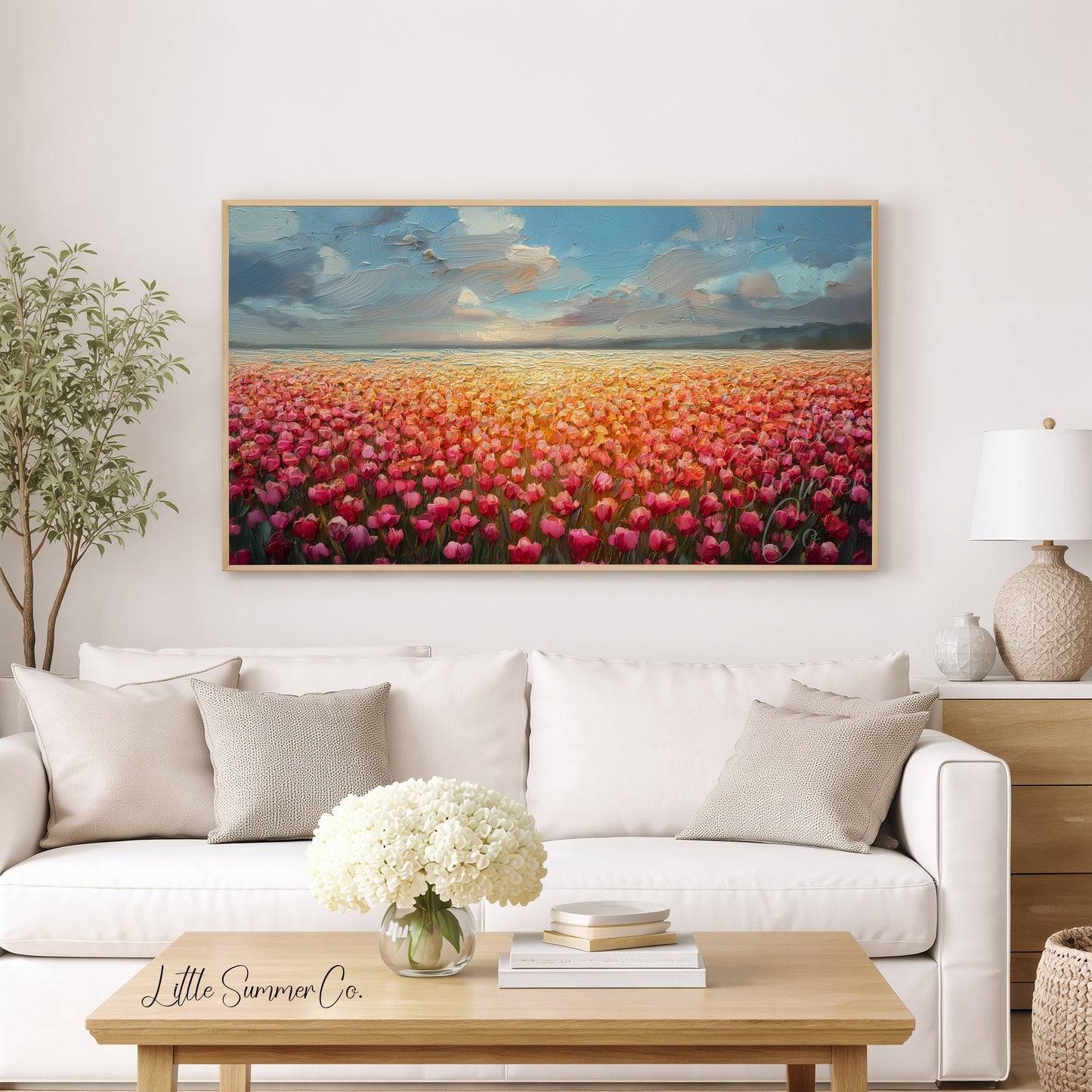 Tulip Field at Sunset Frame TV Art displayed on a TV