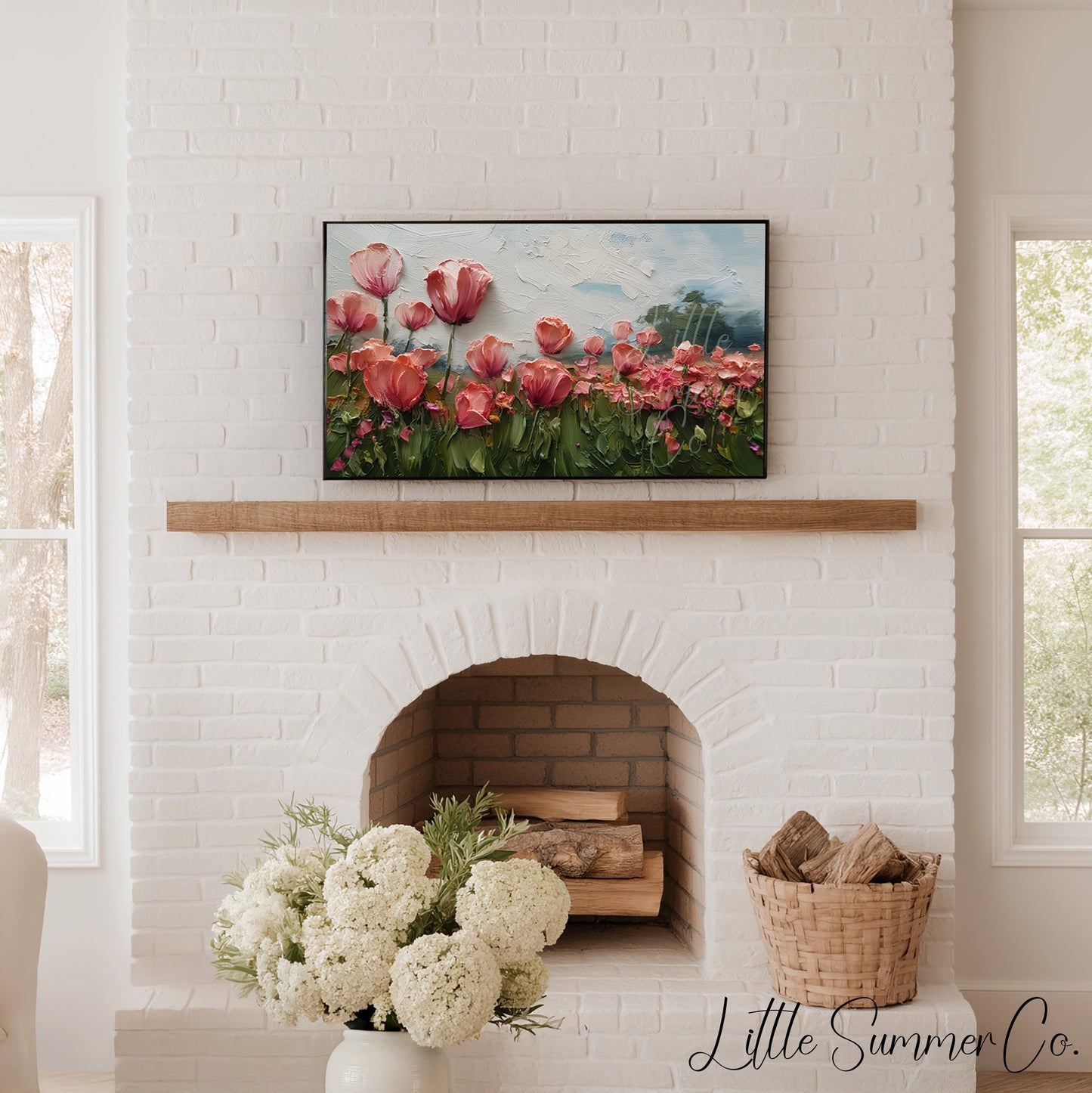 Pink Poppy Field Frame TV Art displayed on a TV