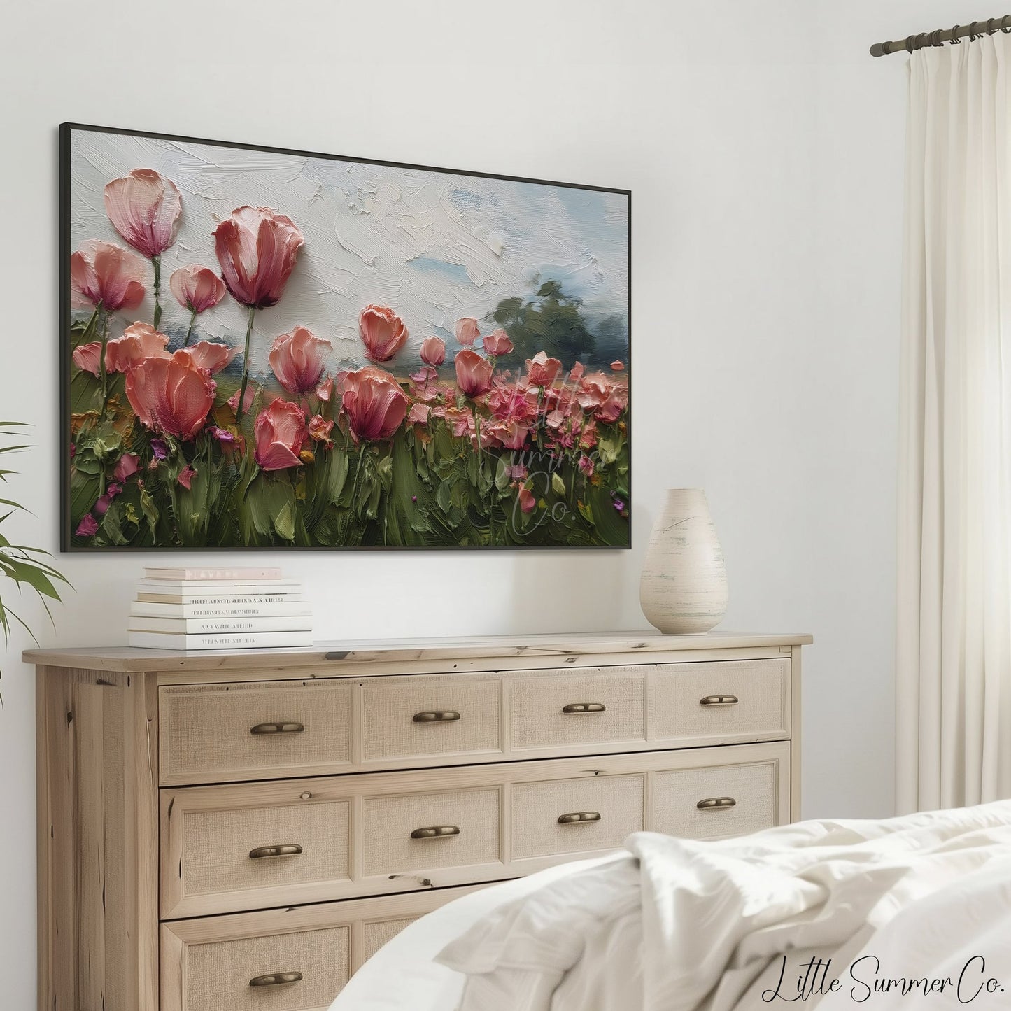 Pink Poppy Field Frame TV Art displayed on a TV
