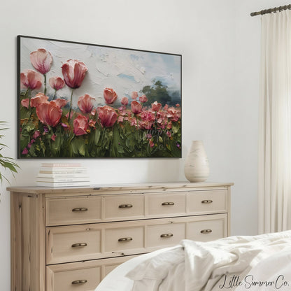 Pink Poppy Field Frame TV Art displayed on a TV