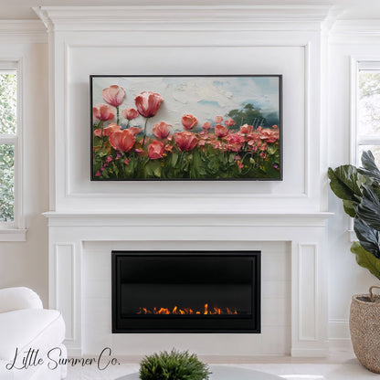 Pink Poppy Field Frame TV Art displayed on a TV